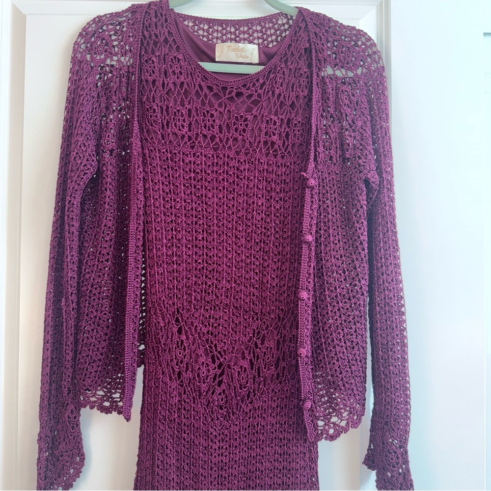 Krochetta by Papillon 90s Vintage Purple Burgundy Crochet Maxi Dress + Cardigan